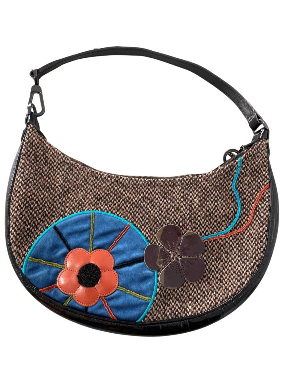 Longchamp Floral Tweed Handbag Shoulder Bag Brown Black Boho Party Cocktail Chic